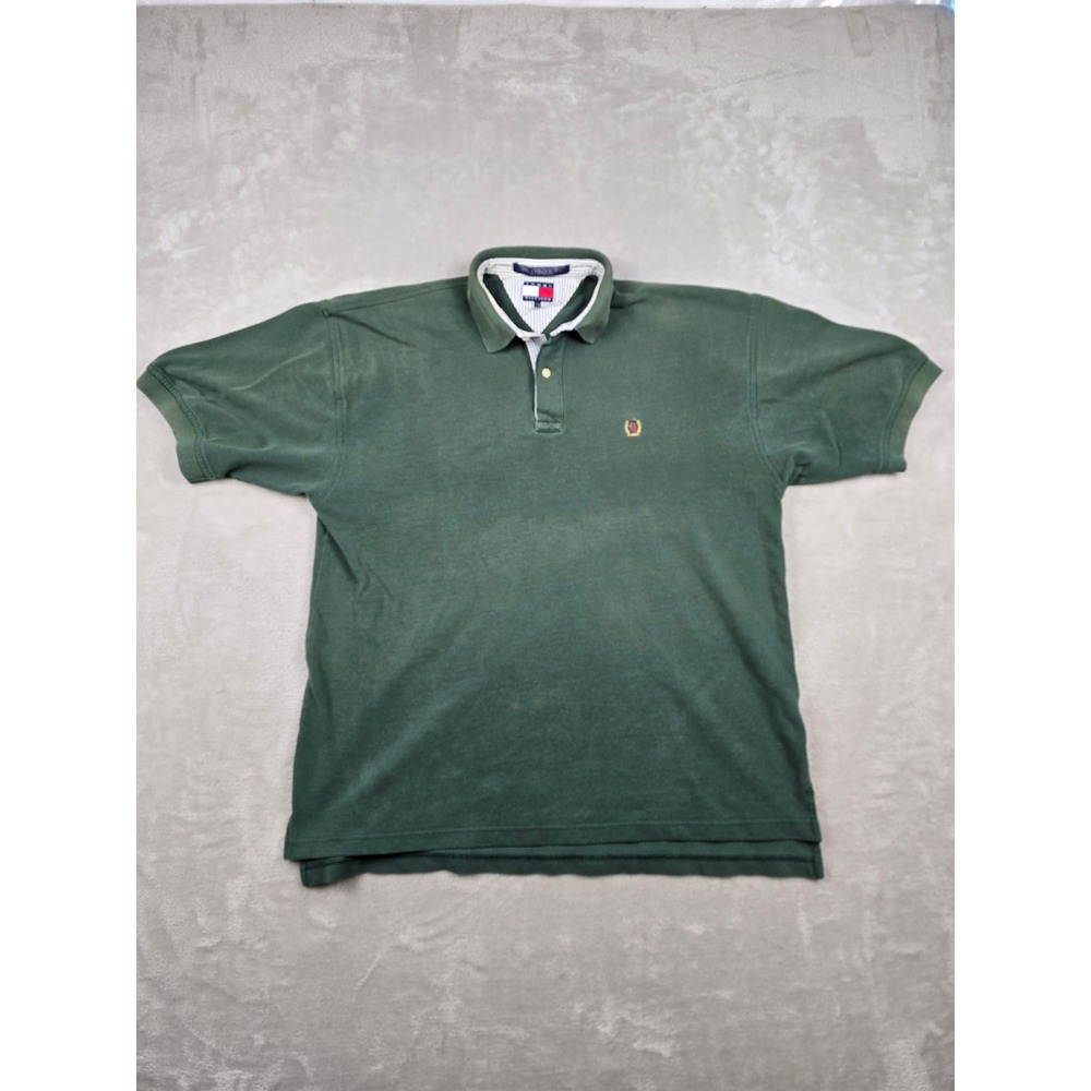Vintage Tommy Hilfiger Polo Shirt Men L Green Crest Logo Short Sleeve Pique Read
